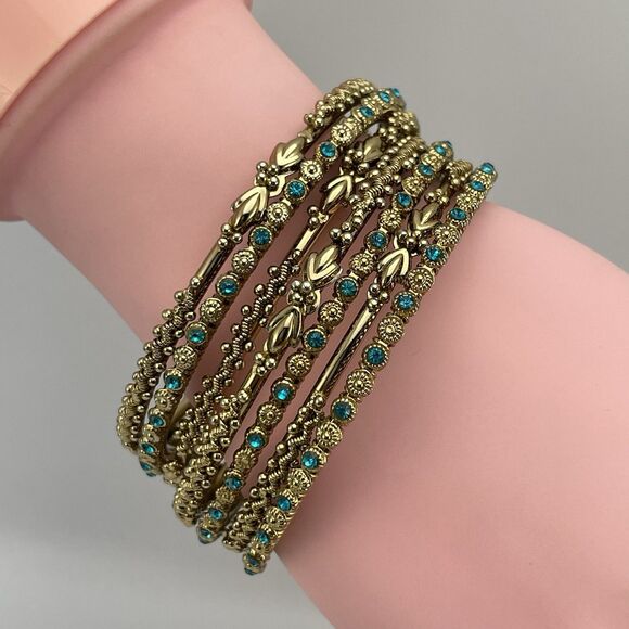 Stunning Gold Tone Blue Rhinestone 7 Piece Metal Bangle Bracelet Set New 7.5" - Picture 2 of 7